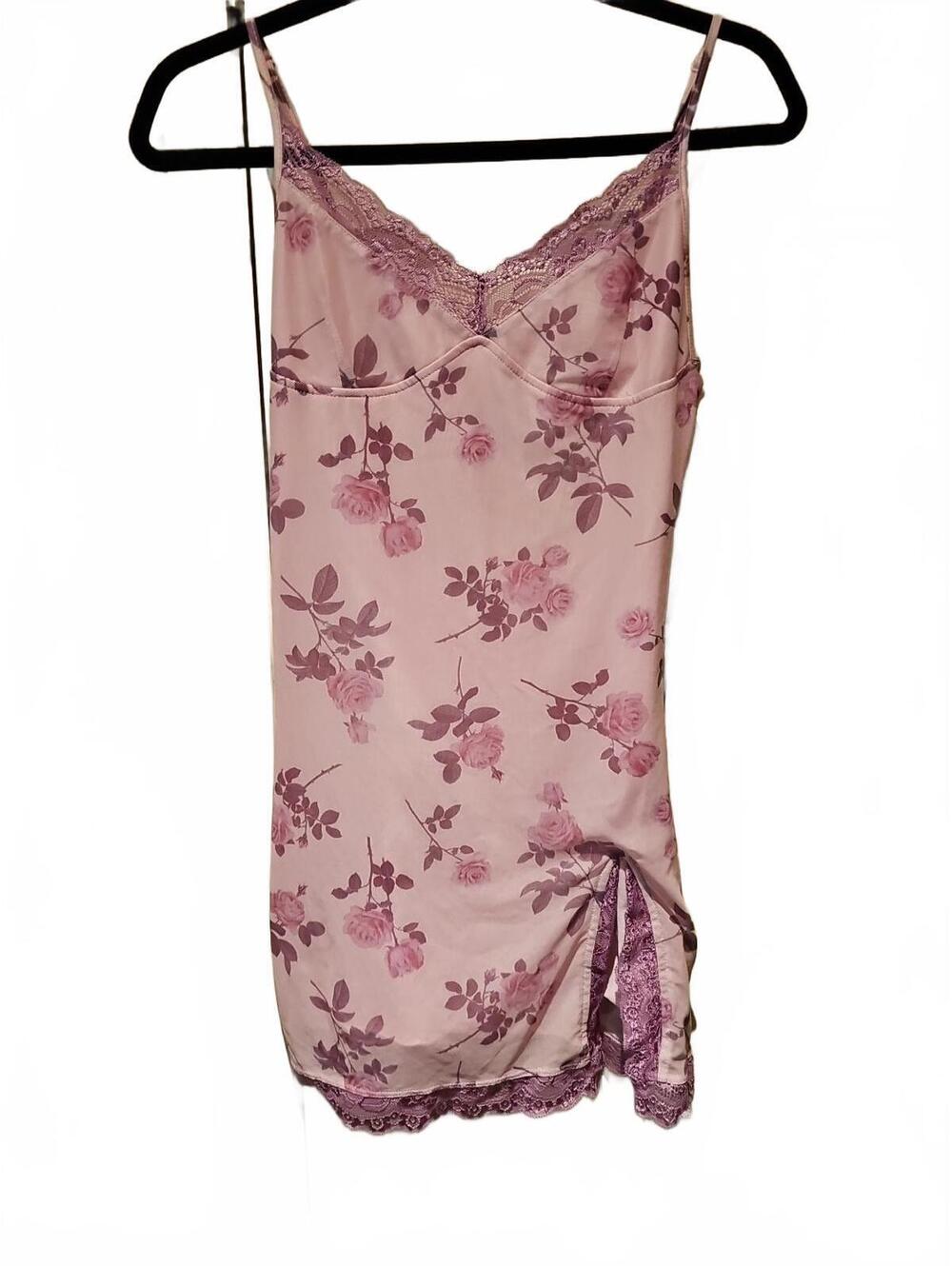 Motel Pink Floral Rose Print Lace Trim Slip Spaghetti Dress Size Small